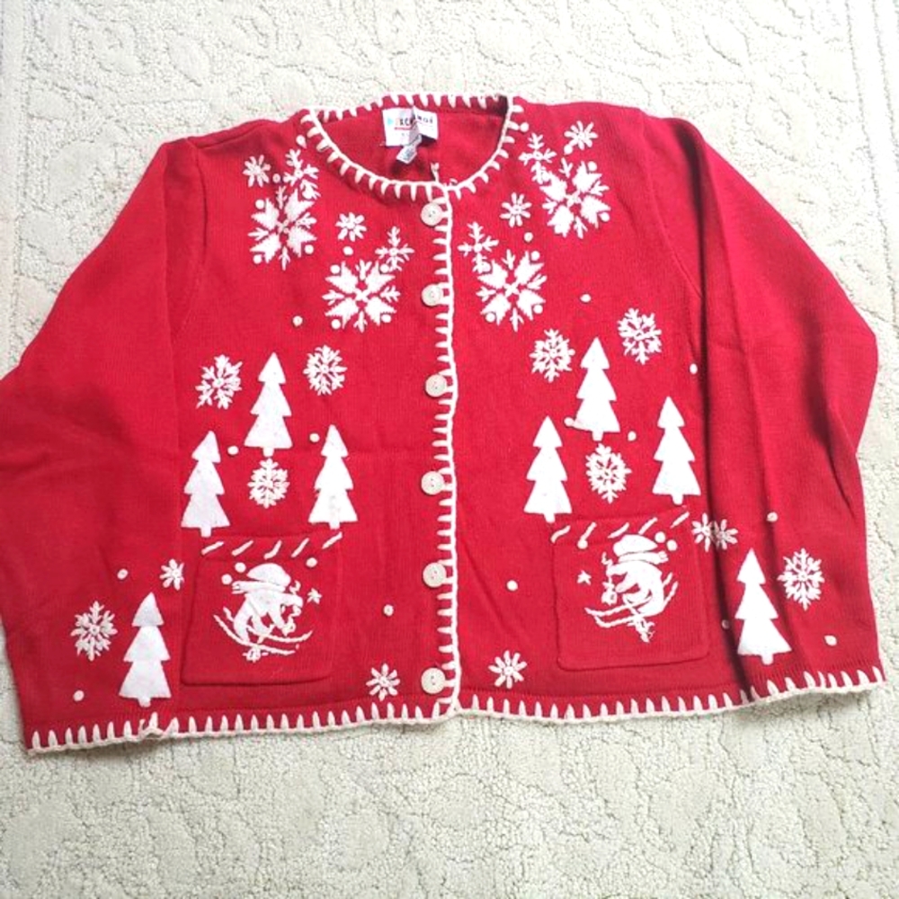 Vintage Holiday Embroidered and Applique Cardigan Sweater Sz XL